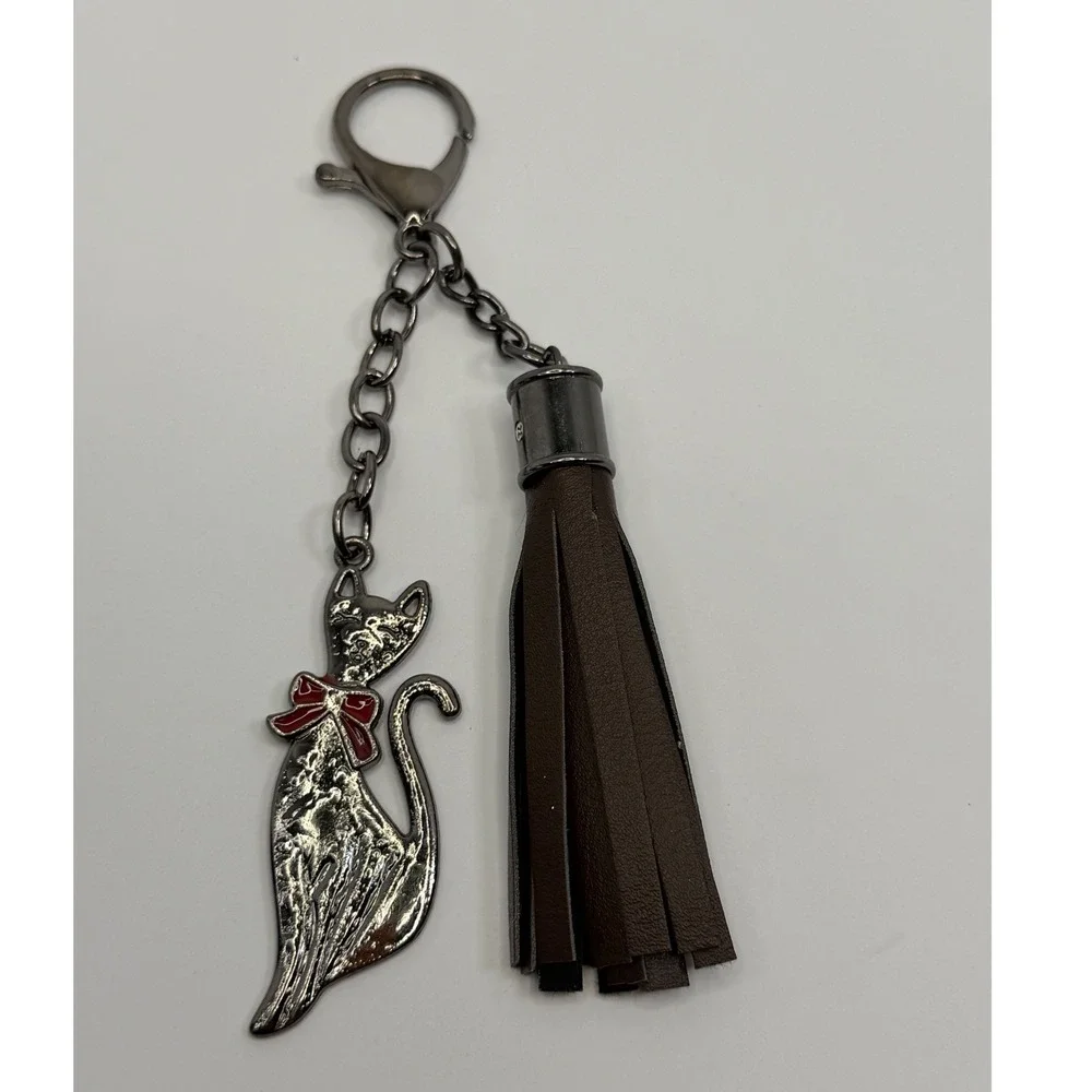 Gun‎ Metal Tone Cat Keychain with Red Bow Brown Tassel Bag Charm Accessory Goth